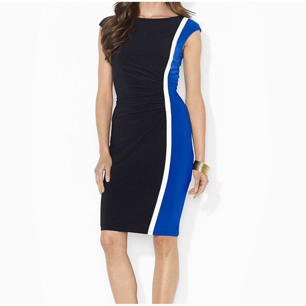 Lauren‎ Ralph Lauren Dress Women's 4P Petite Black Blue White Colorblock Sheath